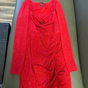 Windsor Red Ruched Bodycon Dress with Long Sleeves and Cowl Neck